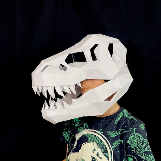 Kid wearing a T-Rex FOSSIL MASK paper template from Lucas PaperLab